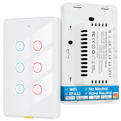 Tuya WiFi Switch Timing 6 Gang Voice App Alexa Google Home Без нейтрального провода WiFi RF433 US Light Switch Умный дом